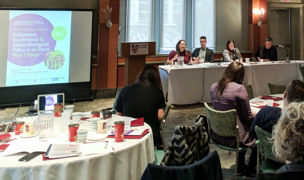 Shalene Jobin, left, Daniel Voth and Heidi Kiiwetinpinesiik at the MIRI symposium March 2018