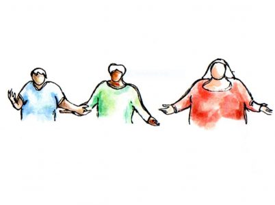 Watercolour of three people holding hands