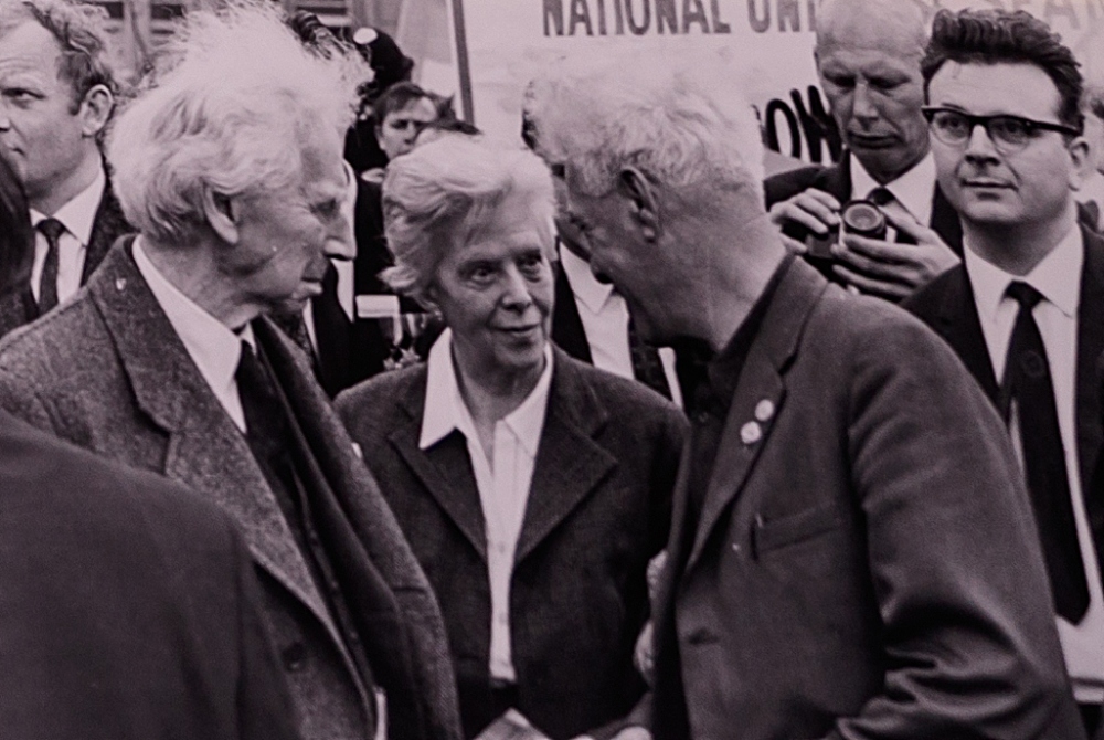 Bertrand Russell (left), aged 89, pictured with his wife shortly after being released from prison for his anti-nuclear activities.
