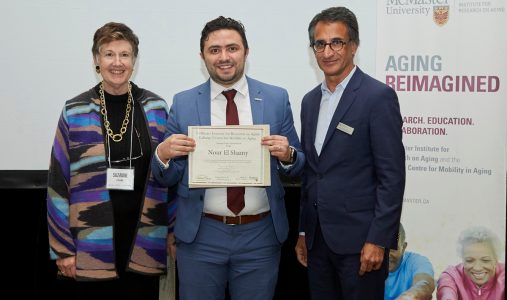 Chancellor Suzanne Labarge and MIRA scientific director Parminder Raina flank Nour El Shamy, whose poster won the top prize for postdoctoral fellows at MIRA-Labarge Research Day. Photo by Mike Lalich