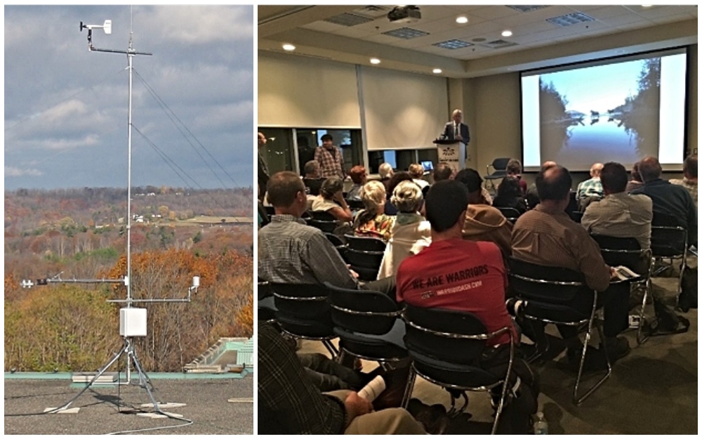 (From left) Image of the McMaster Weather Station positioned on the roof the General Science Building and operated by the Hydrometeorology and Climatology Lab in the School of Geography and Earth Sciences. McMaster and Hamilton community members gather for a talk by former mayor of Toronto and climate advocate, David Miller.