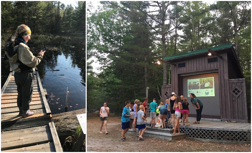 (From left) A citizen scientists submit wetland water levels to the project team via text. Project team members Taylor North and Becky Janssen Becky Janssen giving an amphitheatre talk at the Killbear Provincial Park about the iWetland project, wetlands, and species at risk conservation.