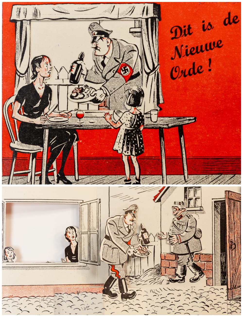 Mechanical cards, “Dit is de Nieuwe Orde!”, no. 0034 Second World War Propaganda, 1942 (top: card cover, bottom: inside of the card)