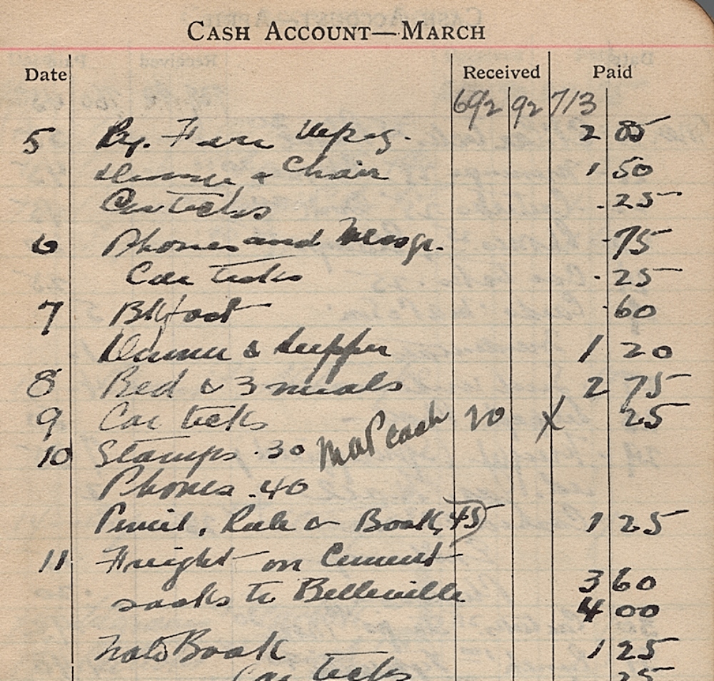 1911 Diary, March 1911 finances, Joseph M. Pigott fonds