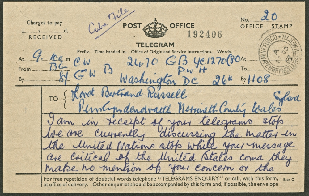 Telegram to Bertrand Russell from John F. Kennedy