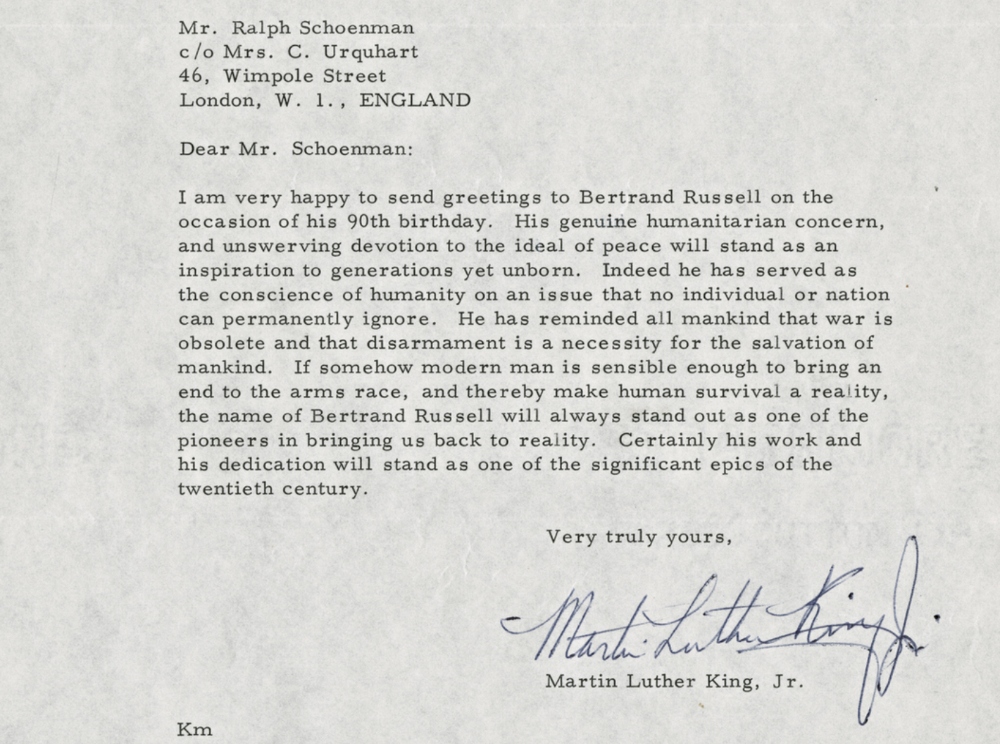 Letter to Bertrand Russell from Martin Luther King Jr.
