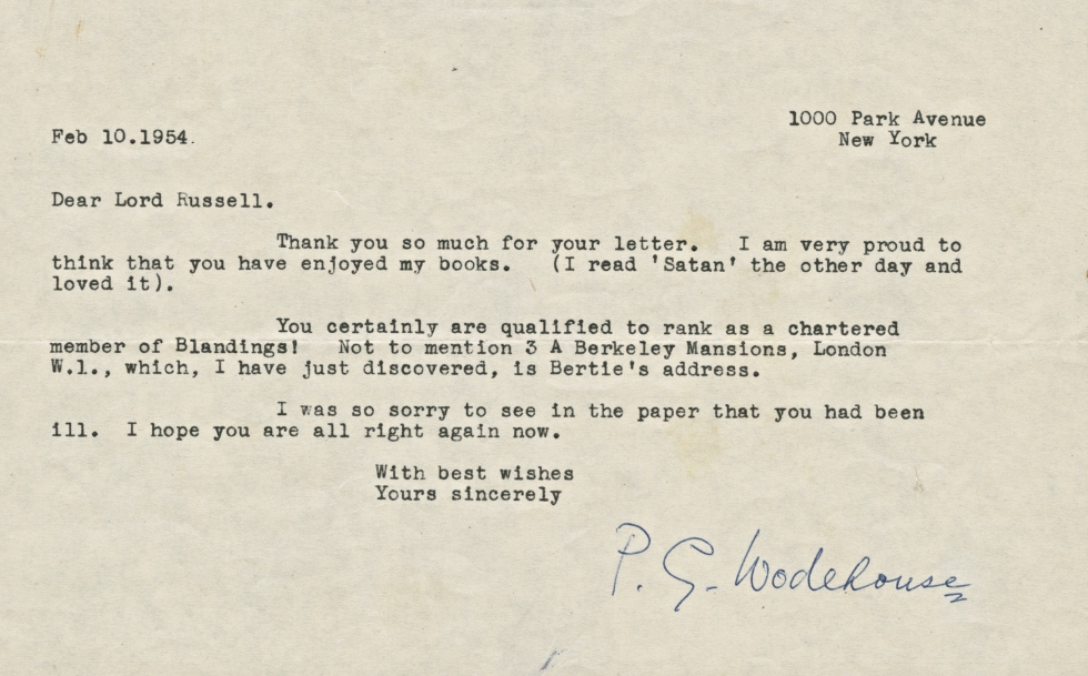 Letter to Bertrand Russell from P.G. Wodehouse