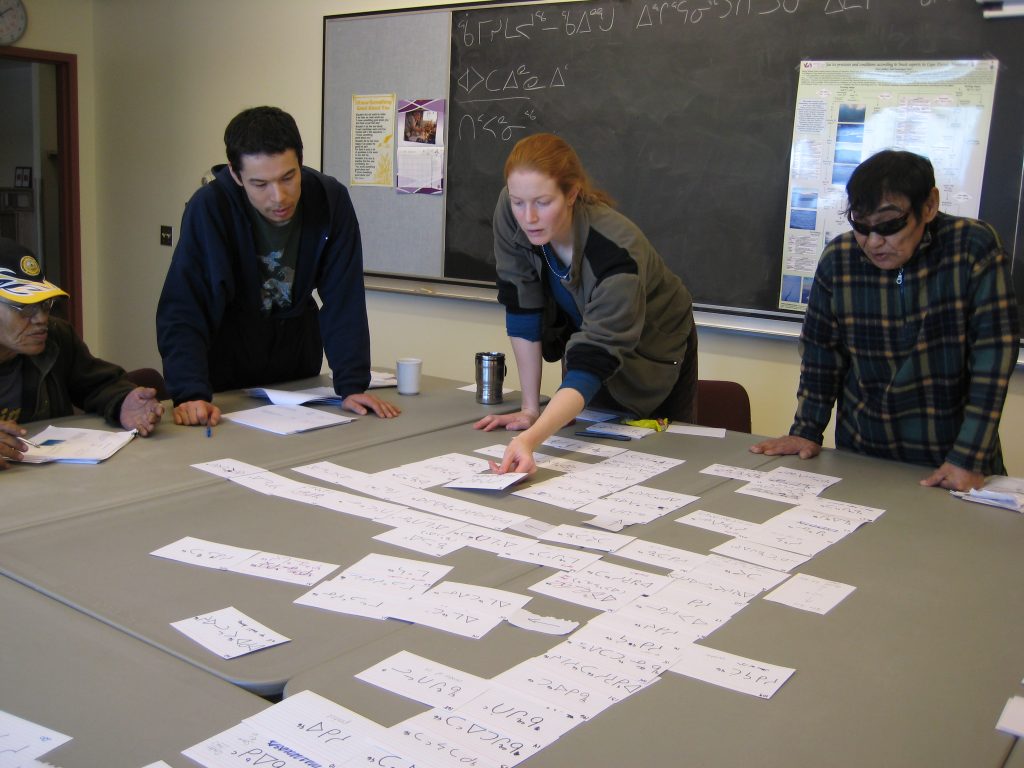 Gita Ljubicic and group of people surround a big square desk covered in pieces of paper with terminology written on them in big characters.