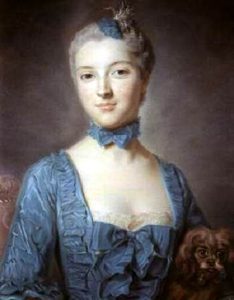 An 18th-century portrait of a woman wearing a low-cut blue dress with blue ruffles and a blue fabric choker. Her hair is gathered up on her head, and it is powdered.