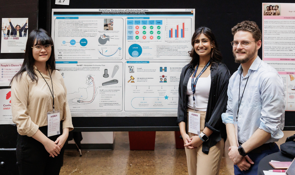 Lily Shengjia Zhong, Hunter Csetri and Emnpreet Bahra presented their poster at the McMaster Innovation Showcase 2022.