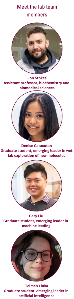 A graphic that reads, ‘Meet the lab team members,’ and features a column of four headshots. The text accompanying the headshots reads, ‘Jon Stokes - Assistant professor, biochemistry and biomedical sciences - Denise Catacutan, Graduate student, emerging leader in wet lab exploration of new molecules - Gary Liu, Graduate student, emerging leader in machine leading - Telmah Lluka, Graduate student, emerging leader in artificial intelligence.’