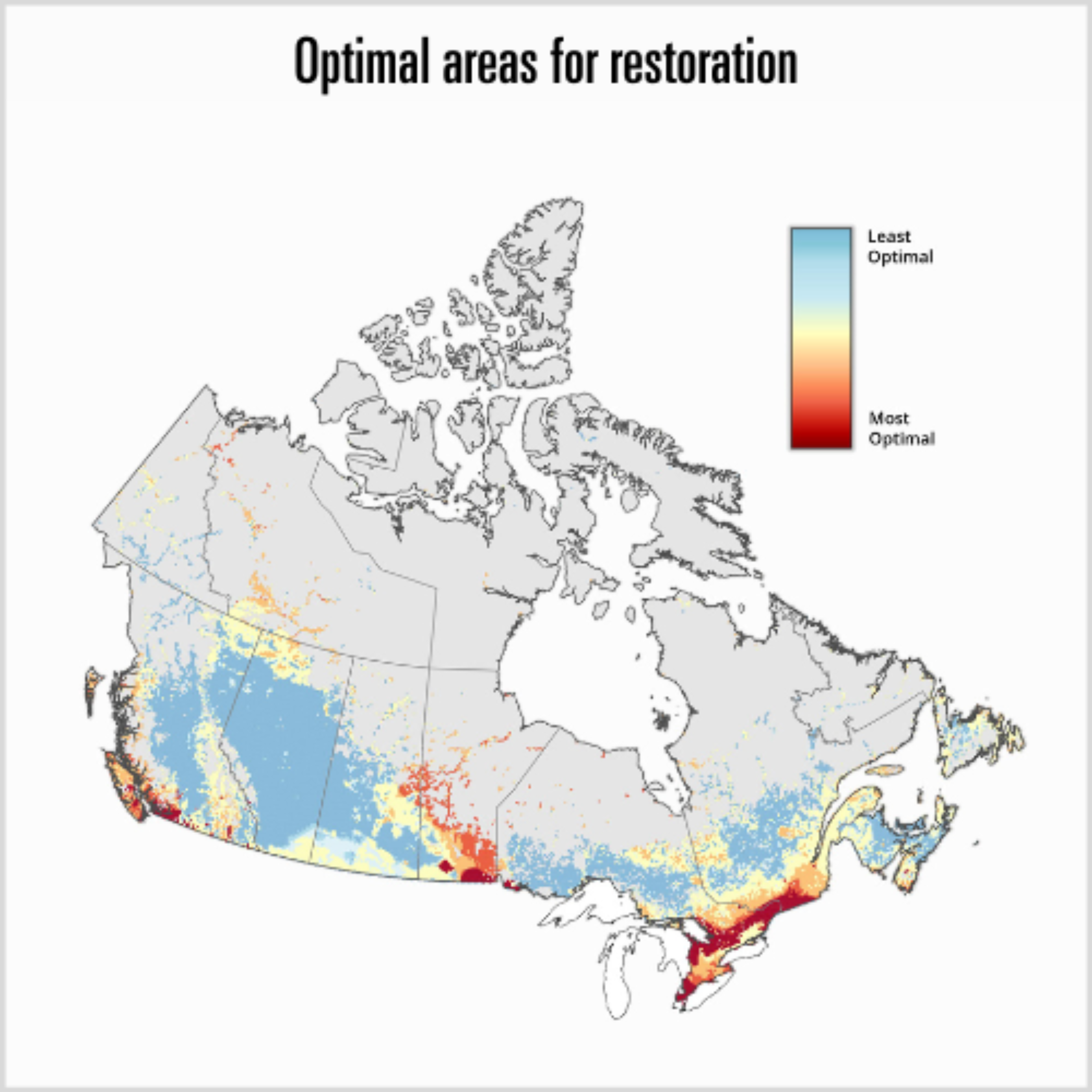 A map of Canada titled, ‘optimal areas for restoration.’ There is a gradient colour scheme that shows the most optimal areas are southern Ontario and Quebec, and southern Manitoba.