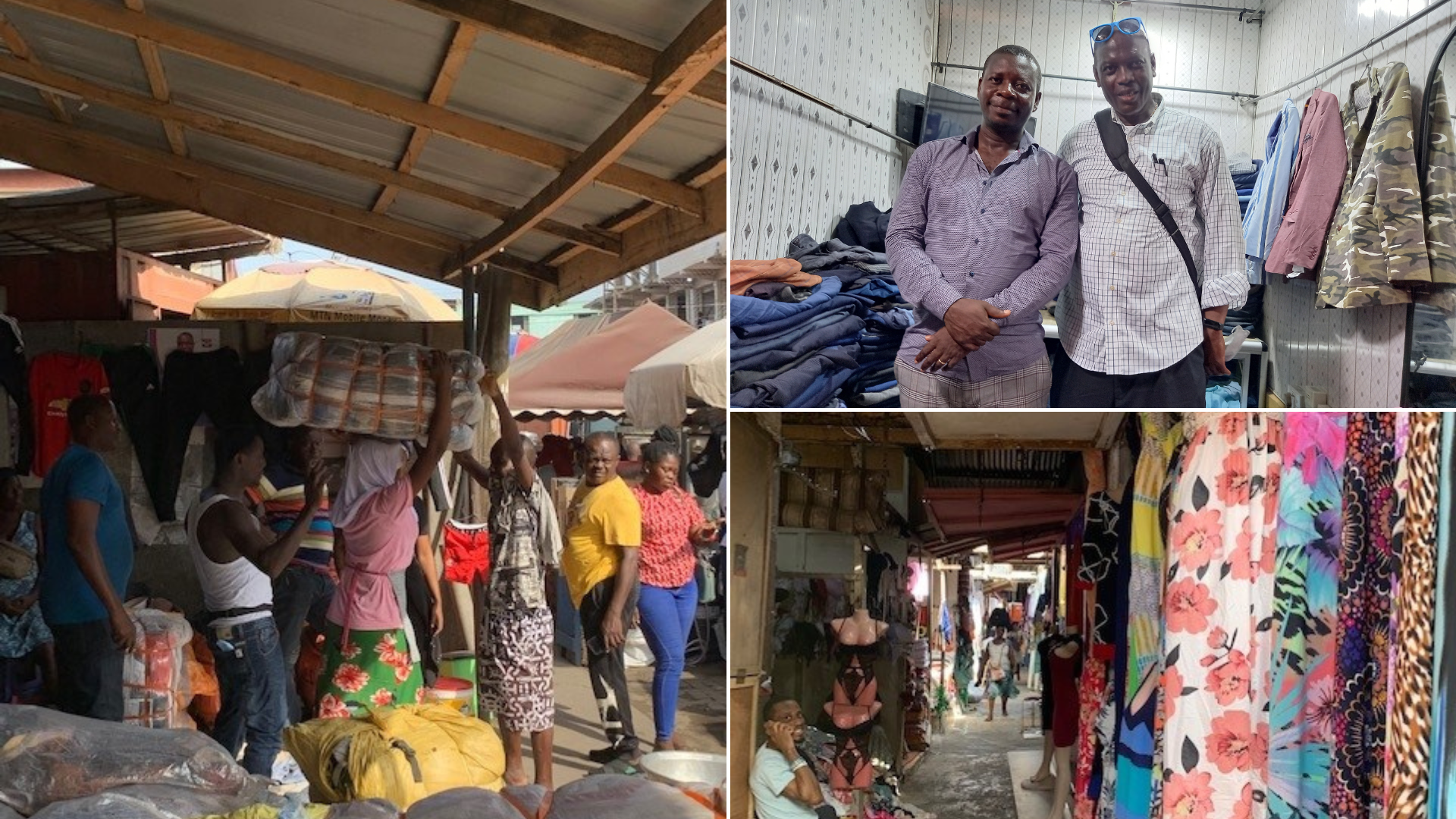 Three photos in a grid pattern. Two show busy used clothing markets in Ghana and the other shows Baniyelme Zoogah posing for a photo with a ma