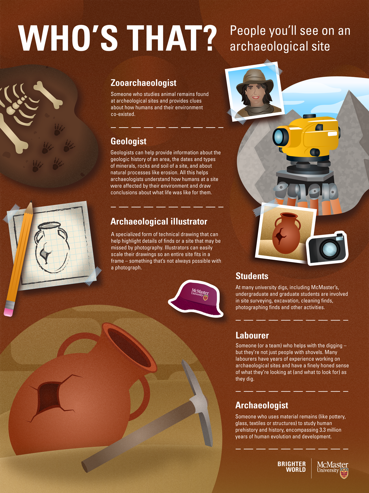 An infographic that defines key archaeological terms, such as zooarchaeologist, geologist, archaeological illustrator, students, labourer, and archaeologist.