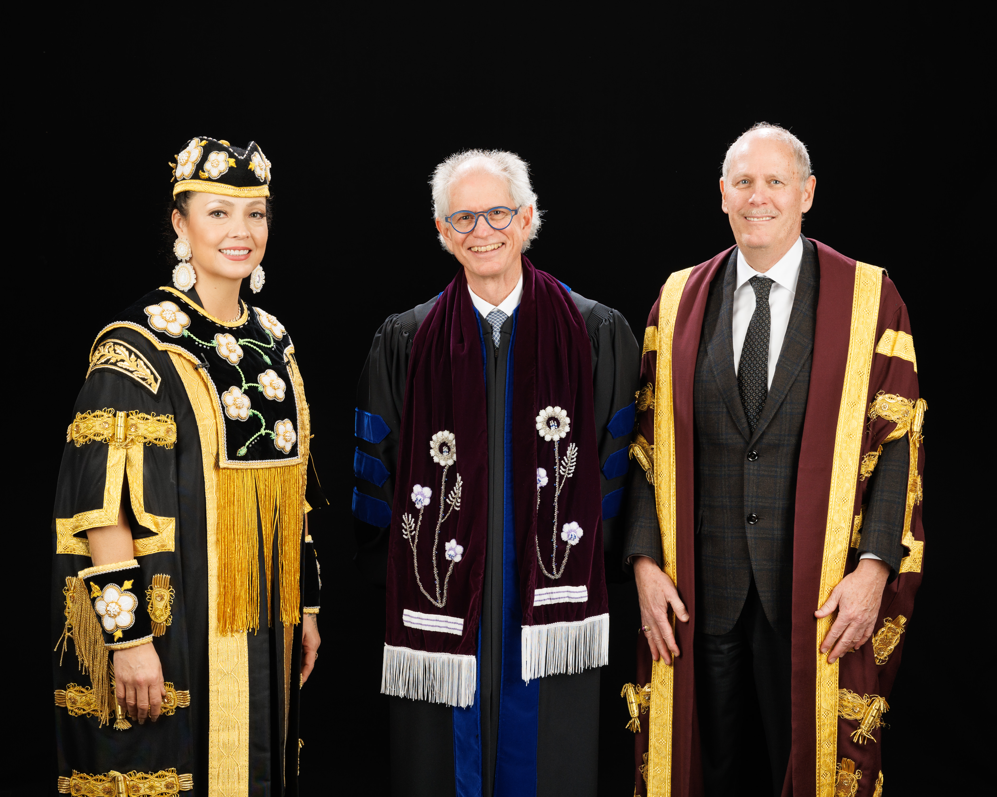 Chancellor Santee Smith, Daniel Coleman and President David Farrar all in their convocation regalia.