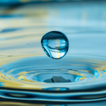 An image of a water droplet hitting a larger body of water with ripples underneath it.