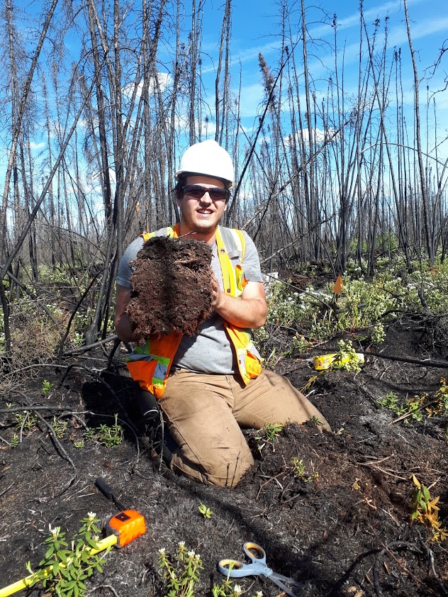 A man in a white helmet and safety vest kneels in the dirt, holding up a large lump of peat. Bare, burned trees are behind him.