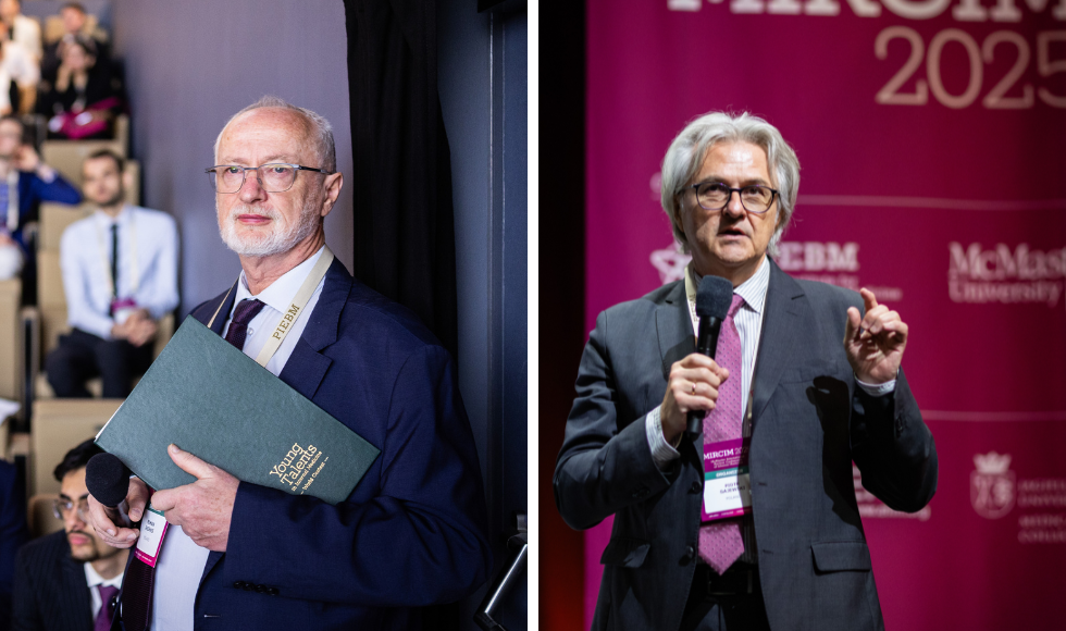 a grid of two photos, each of a man in a suit. at the left he is holding a folder and smiling. The man on the right is speaking into a mic.