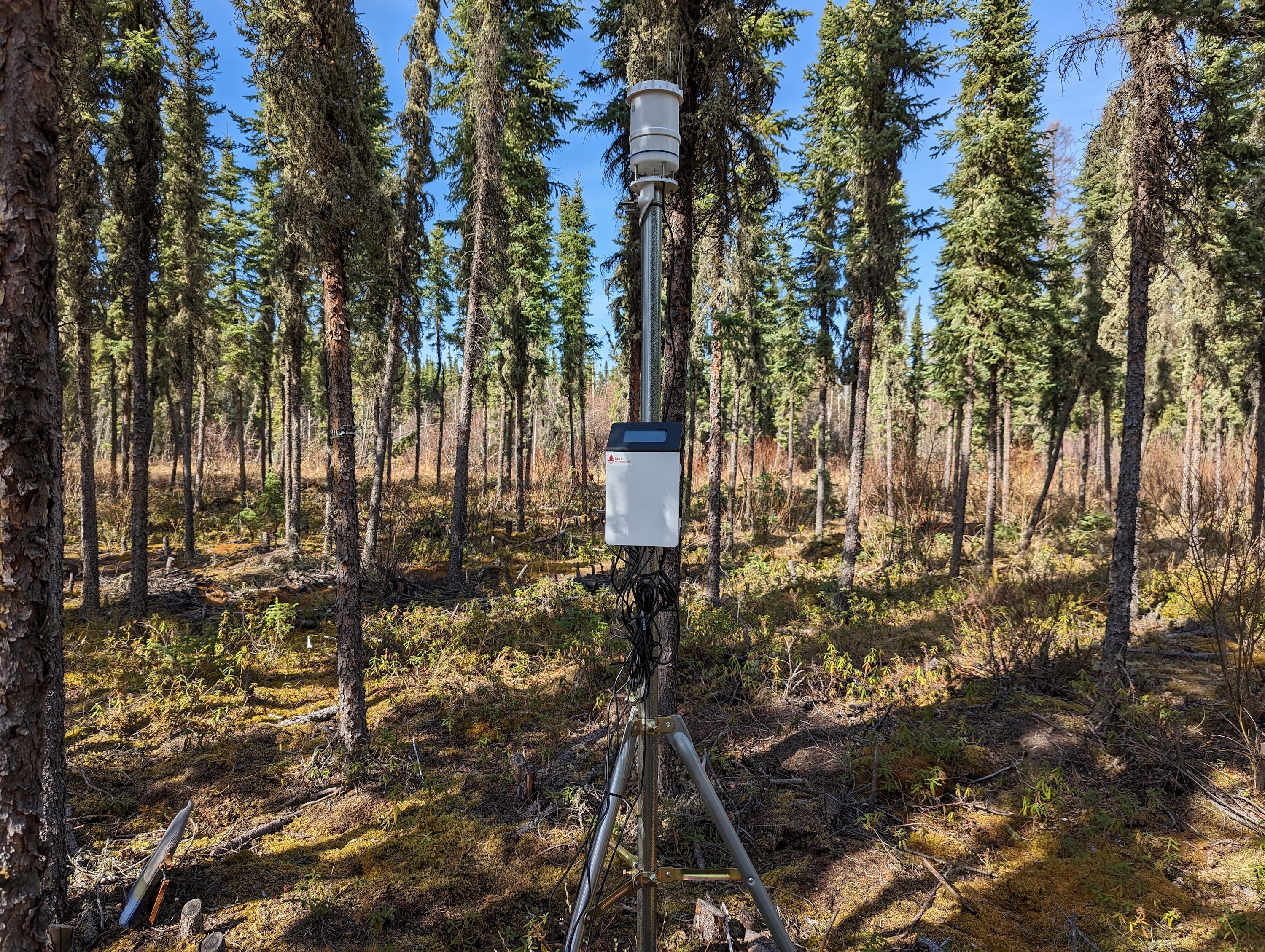 A sensing tool sits on a tripod in a forest.