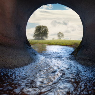 A view from inside a pipe as water flows out. Trees and grass can be seen in the distance.