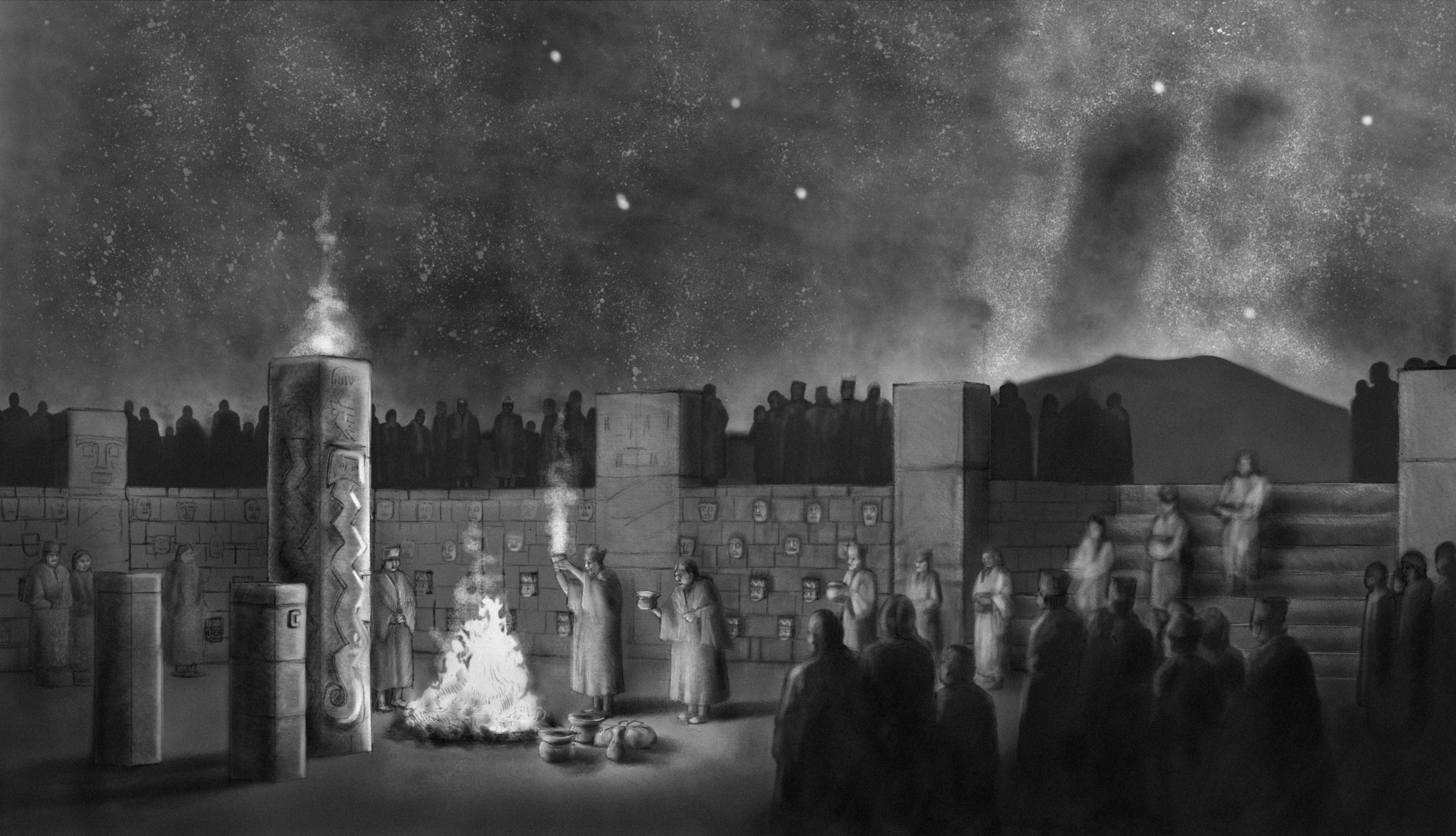 A castle wall with people gathered beneath, and a bonfire. Trees and stars are visible over the wall. 