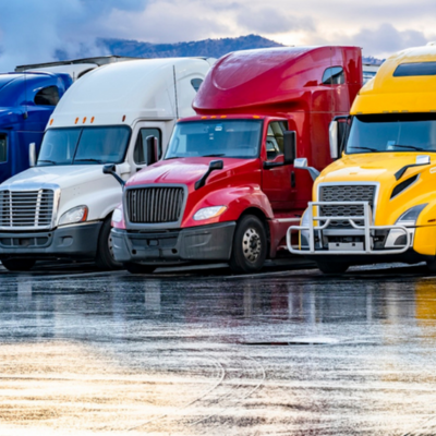 A lineup of several transport trucks, parked beside each other.