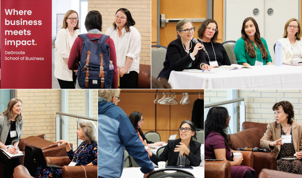 A collage of images, showing people sitting at tables and standing in small groups at a conference.