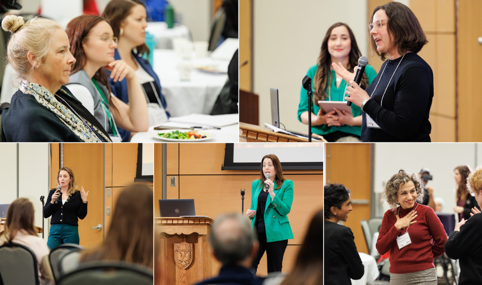A collage of images, showing people listening and speaking at a conference.
