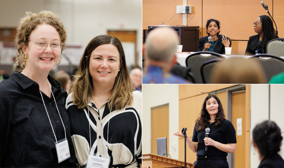 A collage of three images, showing people at a conference standing together, listening, and a person speaking into a microphone.