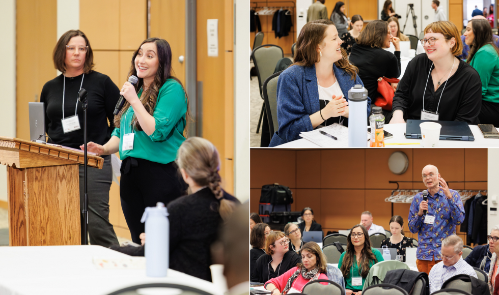A collage of three images showing people at a conference, listening to a speaker. 