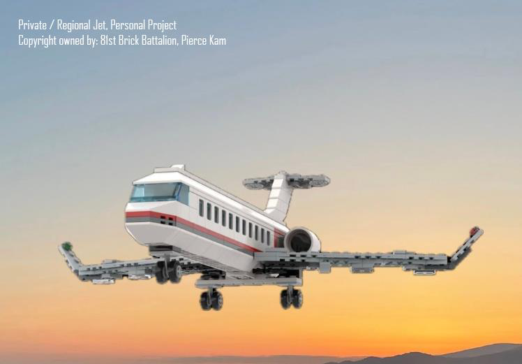 Personal project LEGO brick design by Pierce Kam, of an airplane made of LEGO, against a sunset-coloured background. 