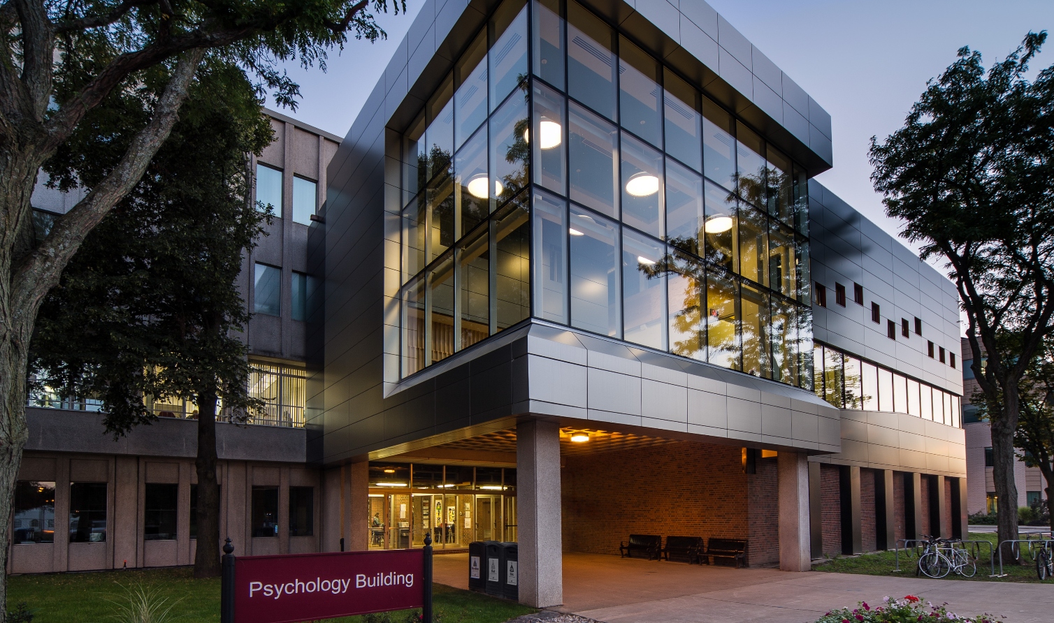 Exterior photo of Psychology Building at twilight.