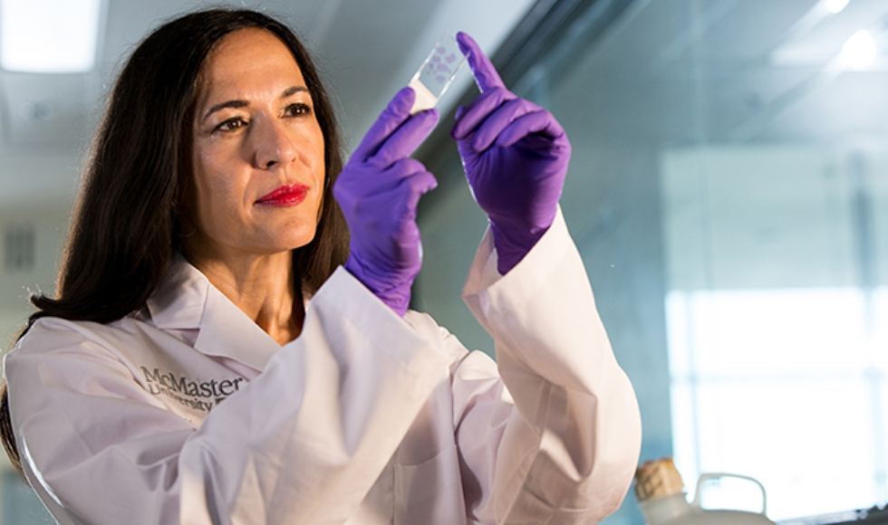 Sheila Singh holding up and looking at a petri dish. She is wearing a white lab coat and purple surgical gloves.