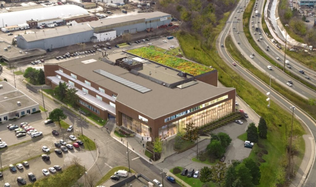 Aerial image of the former Hamilton Spectator building at 44 Frid Street.