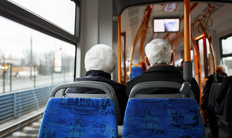 Mature on a public bus tube