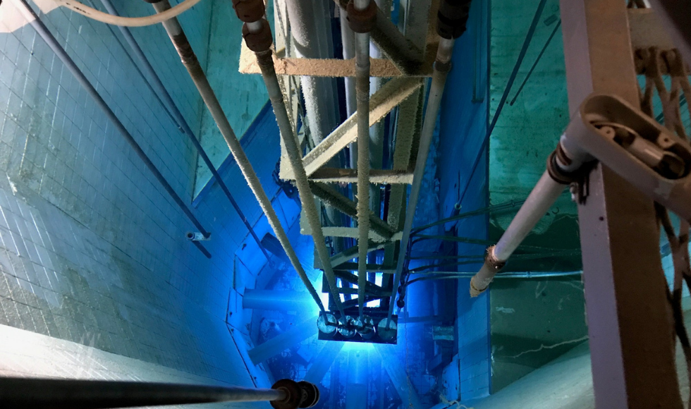 Looking down into the McMaster Nuclear Reactor pool.