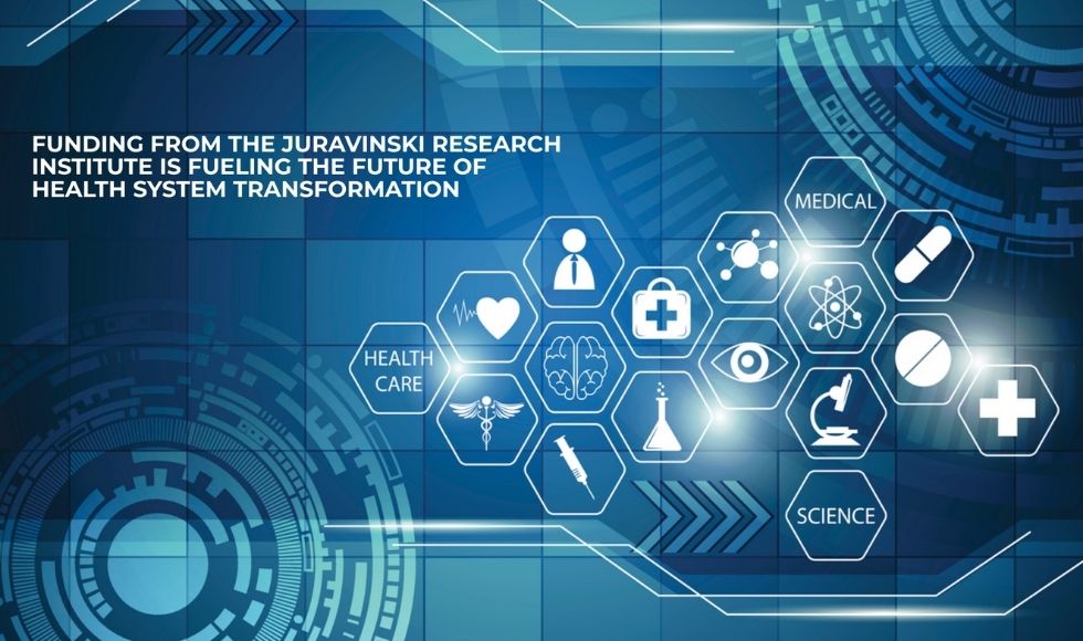 A picture with text that reads: “Funding from the Juravinski Research Institute is fueling the future of health system transformation.” The picture features graphics with the words “health care,” “medical” and “science,” and shows icons like a caduceus, heart, syringe, brain, silhouette of a person wearing a tie, first-aid kit, beaker, eyeball, molecule, atom, microscope, pill capsule, pill tablet and red cross.