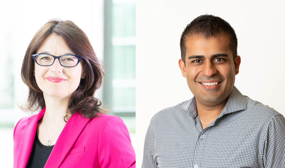 Two headshot photos side-by-side. On the left is Dawn Bowdish. She is wearing a black shirt and fuschia blazer. On the right is Zain Chagla. He is wearing a grey button-up dress shirt.