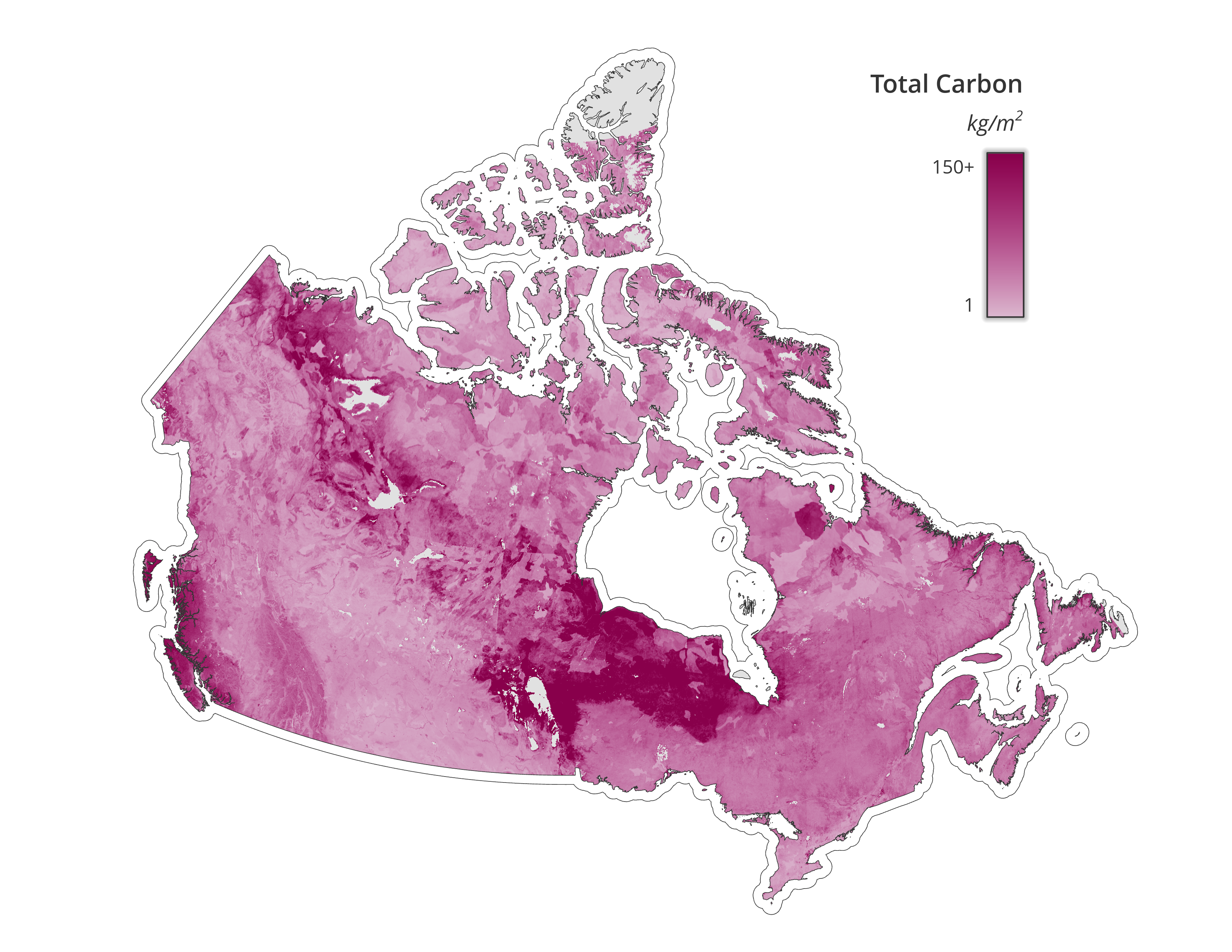 A map with gradient colouring showing the highest density carbon-rich areas in Canada. The darkest areas, indicating the highest levels, are in coastal British Columbia, a large swath of the north, and the Hudson and James Bay Lowlands. 