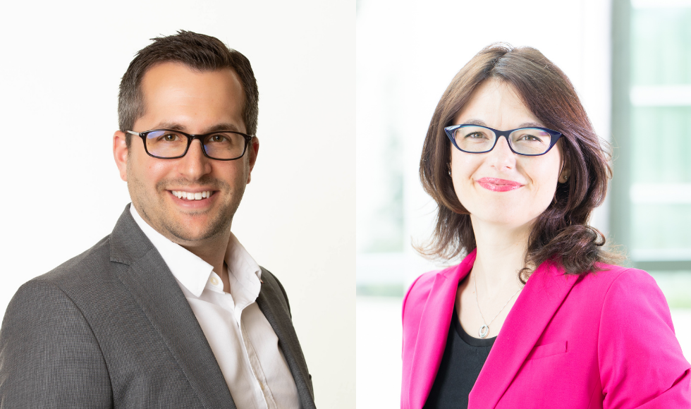 Two headshot photos side by side. On the left, Andrew Costa is wearing a white dress shirt and grey suit jacket and smiling at the camera. Ont he right, Dawn Bowdish is wearing a fuschia blazer and black shirt and smiling at the camera. Bother are wearing glasses.