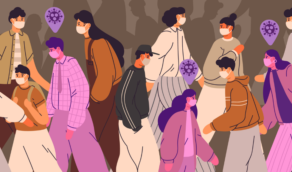 A graphic illustration of a crowd of masked people walking in different directions. Three of the people in the illustration are a different hue from the rest and have a graphic of a coronavirus spike protein hanging over their heads.