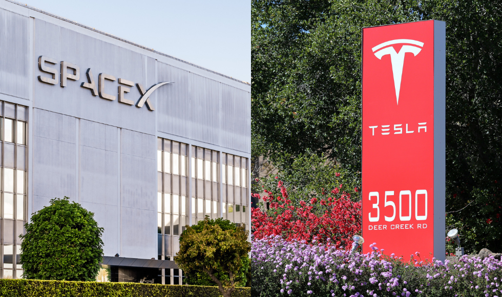 Two images side by side. On the left is the exterior of the Spacex headquarters. On the right is a sign for the Tesla Motors World Headquarters.