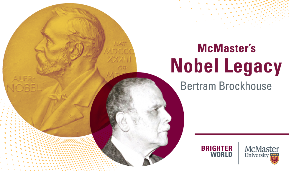 A graphic showing a headshot of Bertram Brockhouse and the Nobel symbol alongside text that reads: McMaster's Nobel Legacy: Bertram Brockhouse