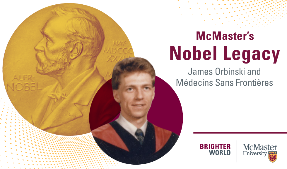 A graphic showing a headshot of James Orbinksi and the Nobel symbol alongside text that reads: McMaster's Nobel Legacy: James Orbinski