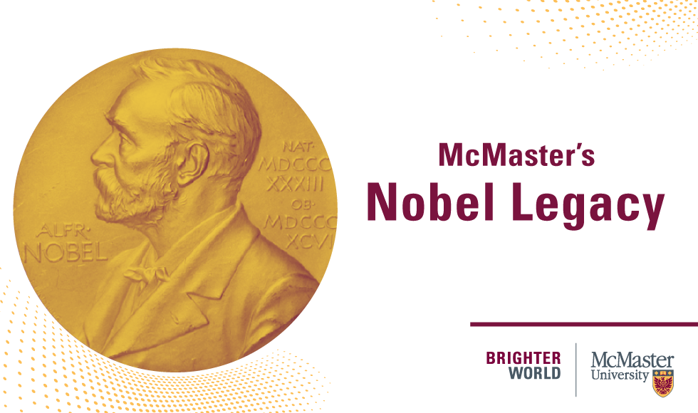 A graphic with the Nobel symbol alongside text that reads: McMaster's Nobel Legacy