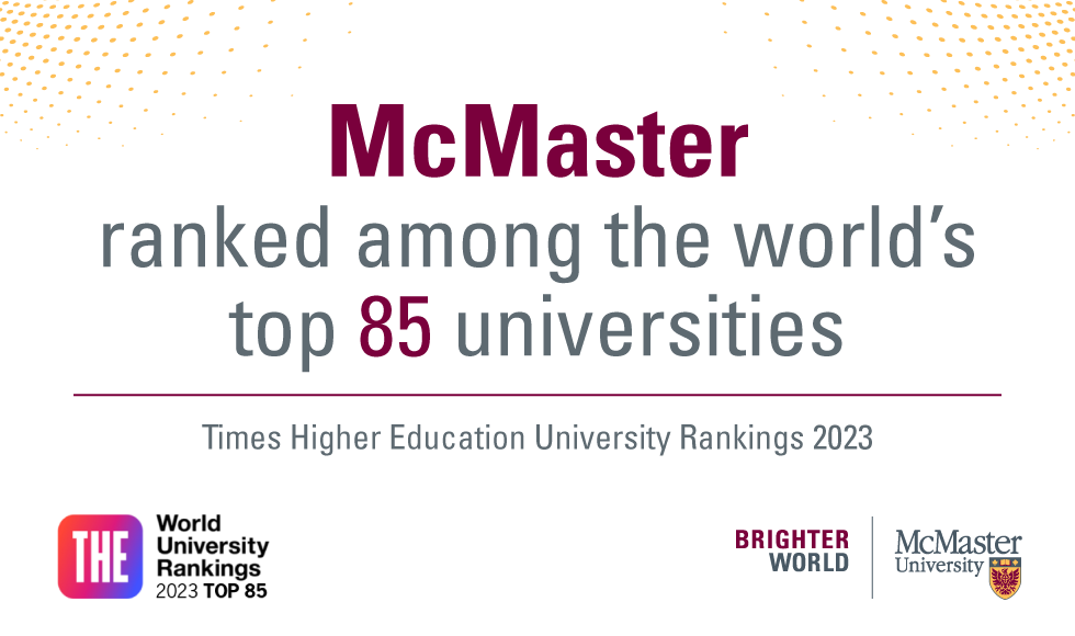 A graphic that reads: McMaster ranked among the world's top 85 universities. Times Higher Education World University Rankings 2023