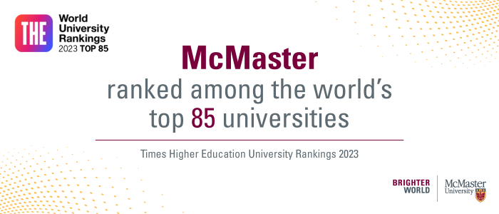 Graphic with text: McMaster ranked 85th in the 2023 Times Higher Education World University Rankings released today, one of only a few Canadian universities in the global top 100.