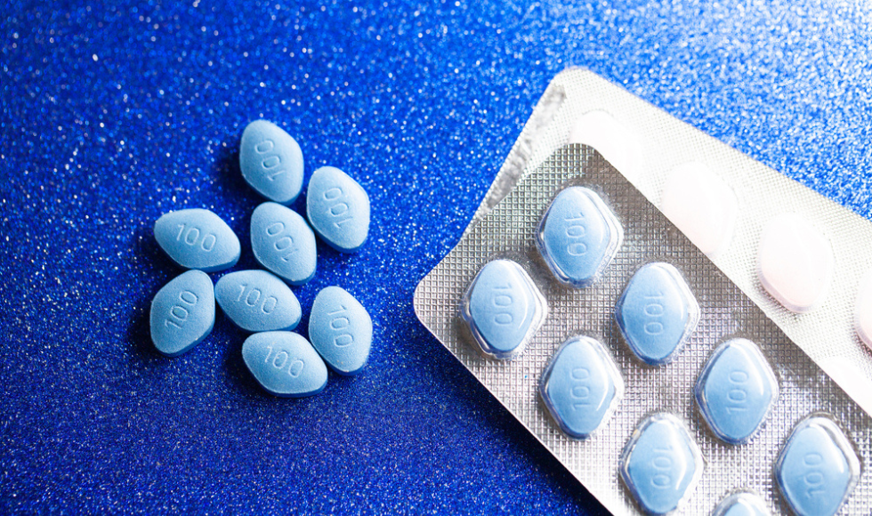 A closeup of blue Viagra pills.