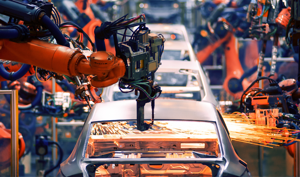 A vehicle on an auto assembly line