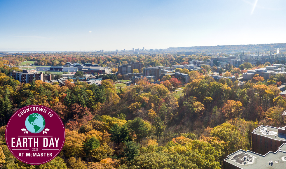 Aerial shot of campus and the city of Hamilton